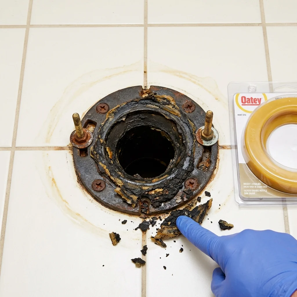 Failed wax ring showing water seepage at the base of a toilet in a Harrison, MI home