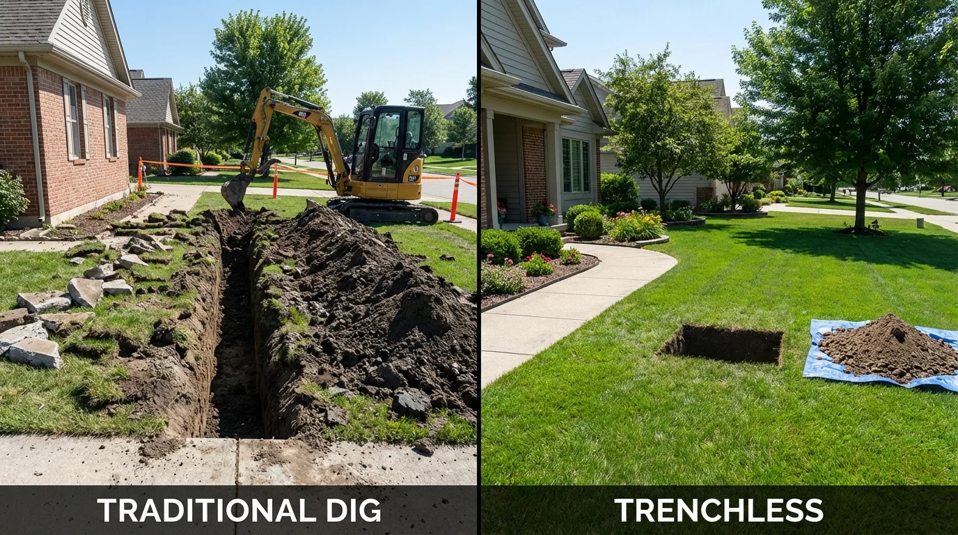 Trenchless sewer repair with minimal yard damage versus traditional excavation in Harrison, MI