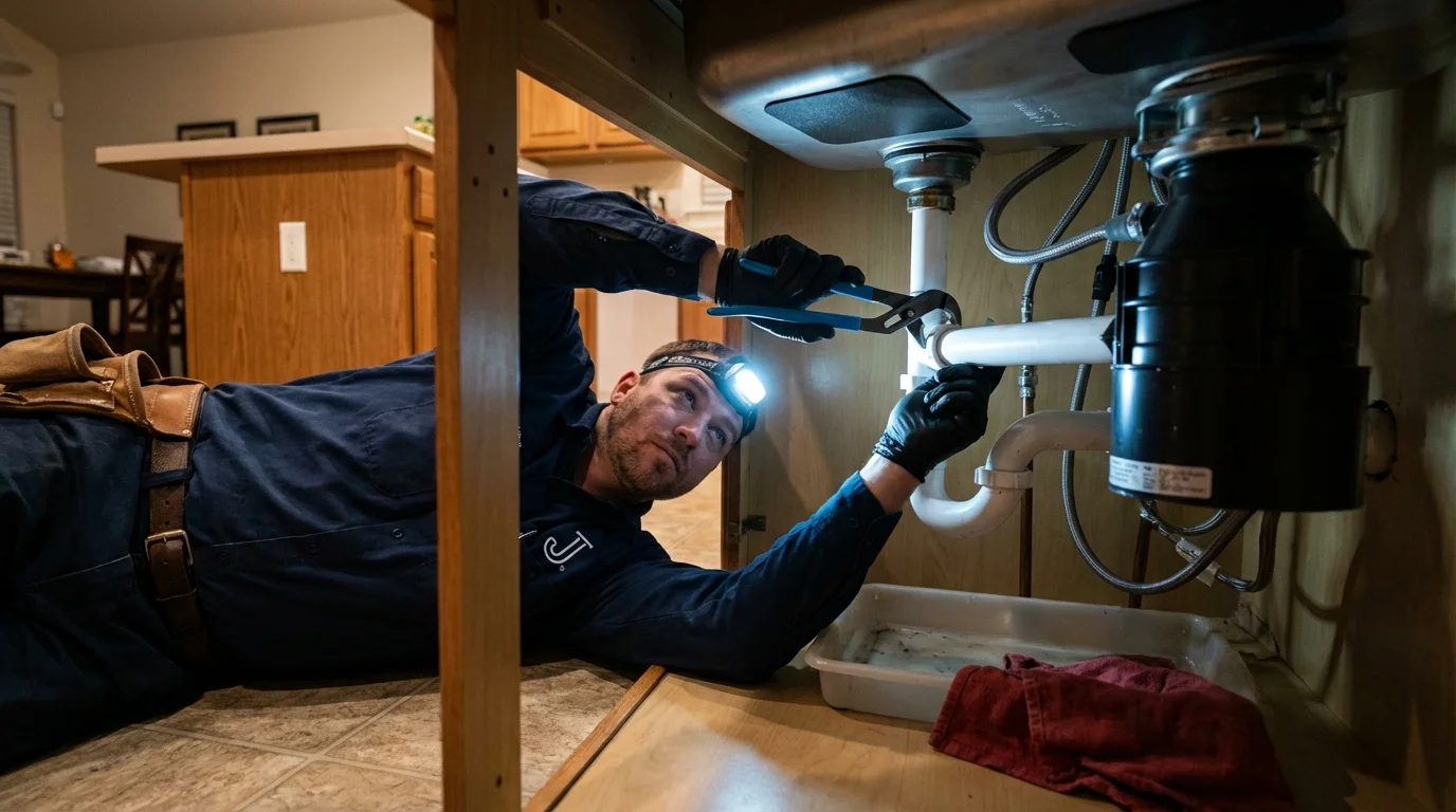 P-trap and supply line connections under a kitchen sink showing a common leak point in Harrison, MI